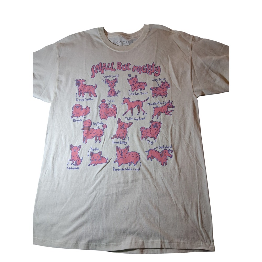 Bioworld Small But Mighty Dog Breeds Graphic Tee Cream Mens L 100% Cotton Shirt